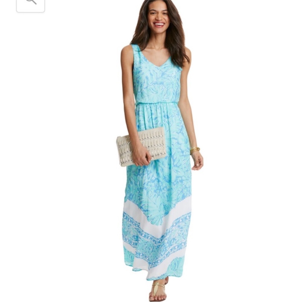 Vineyard Vines Maxi Dress Palm Leaf Scarf silk size 0 Blue Green